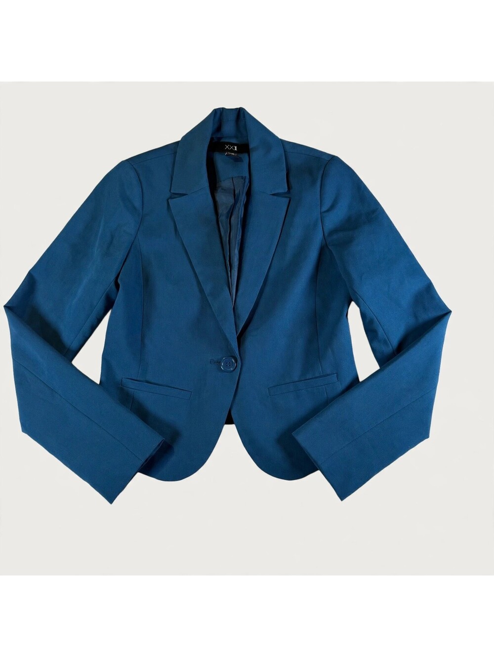 Forever 21 XXI Womens S Teal Cropped Blazer Single Button Lined Notched